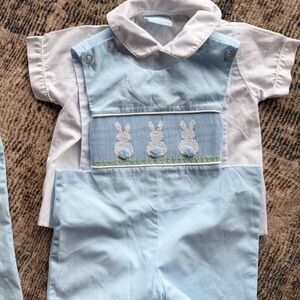Light Blue Embroidered Bunny Smocked Boys Shorts Romper